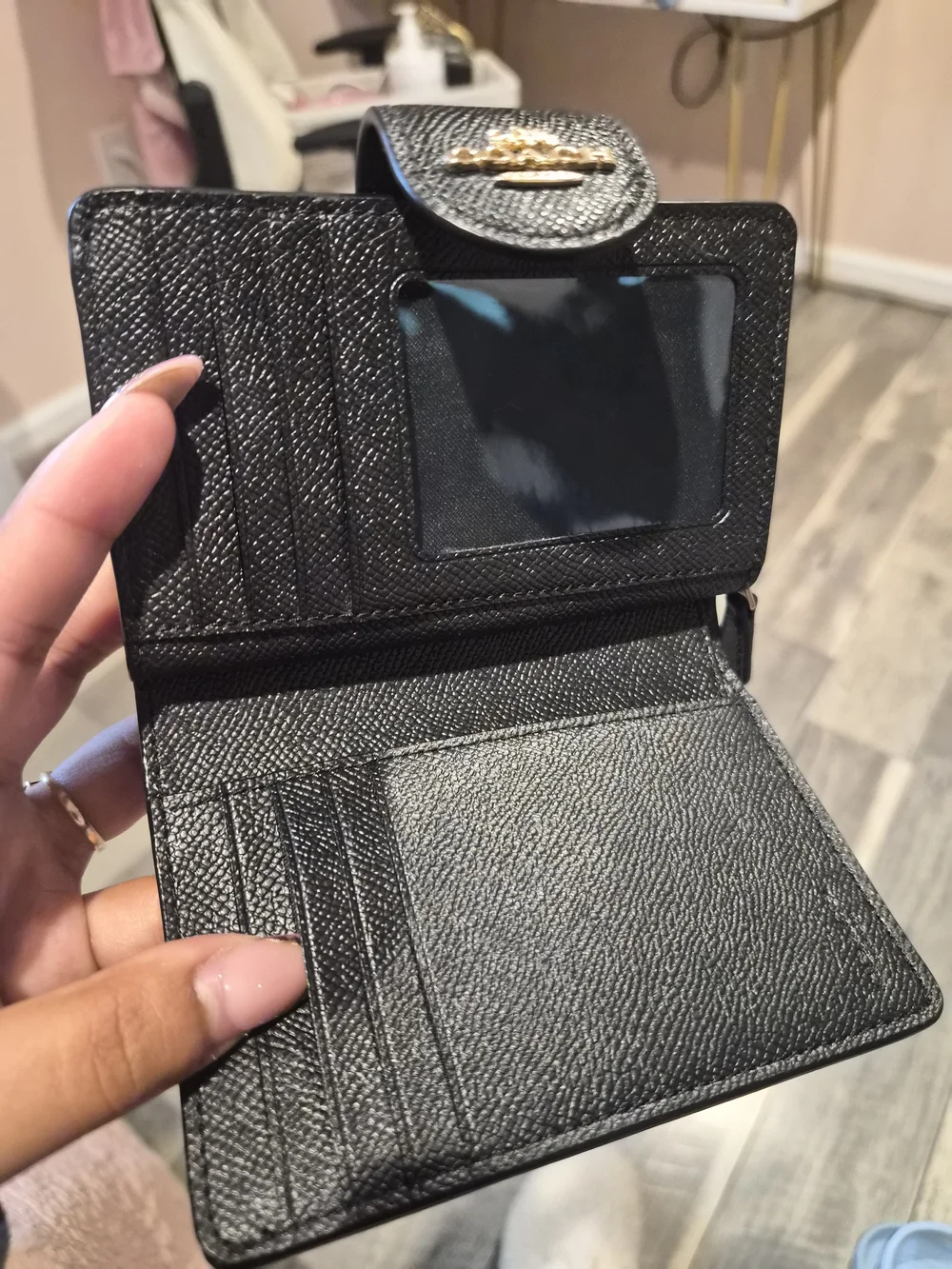 COACH Black Pebbled Leather Snap Wallet with Gold Logo
